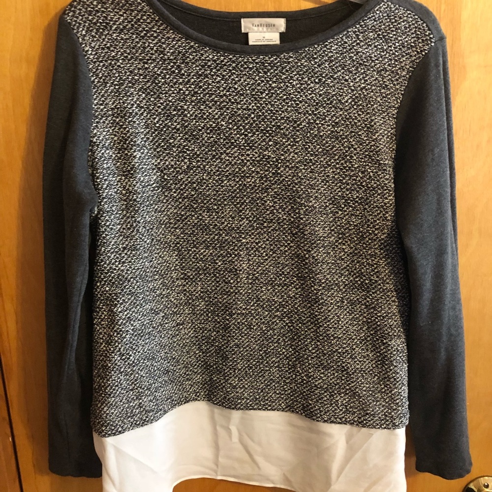 Gray tweed sweater with ivory blouse at bottom